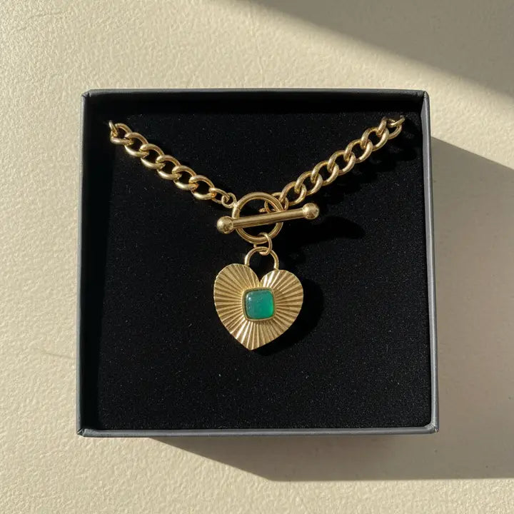T-Bar Green Agate Heart Necklace