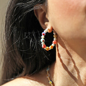 Millefiori Bead and Pearl Hoop Earrings
