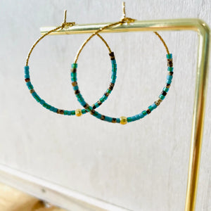 Stainless Steel Hoop Earrings - Turquoise, Tortoiseshell & Gold