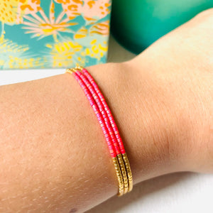 Adjustable Triple Beaded Bracelet - Coral & Gold