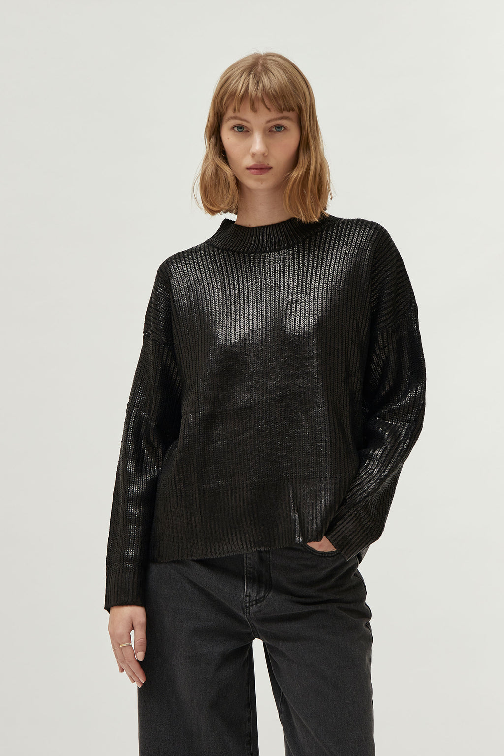 Compania Fantastica Black Shimmer Coated Knit Sweater