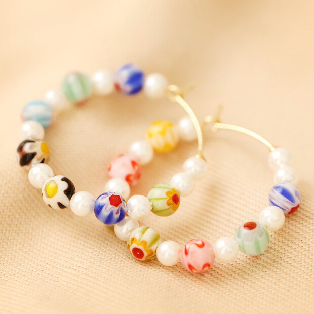Millefiori Bead and Pearl Hoop Earrings