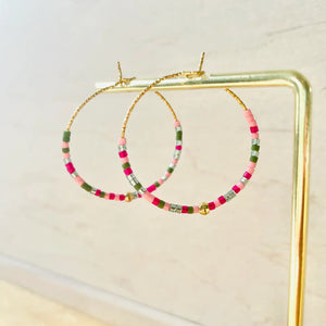 Stainless Steel Hoop Earrings - Pink & Green