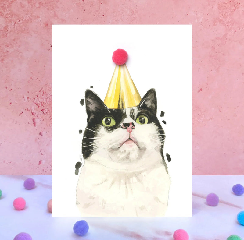 Black & White Cat Pompom Birthday Card
