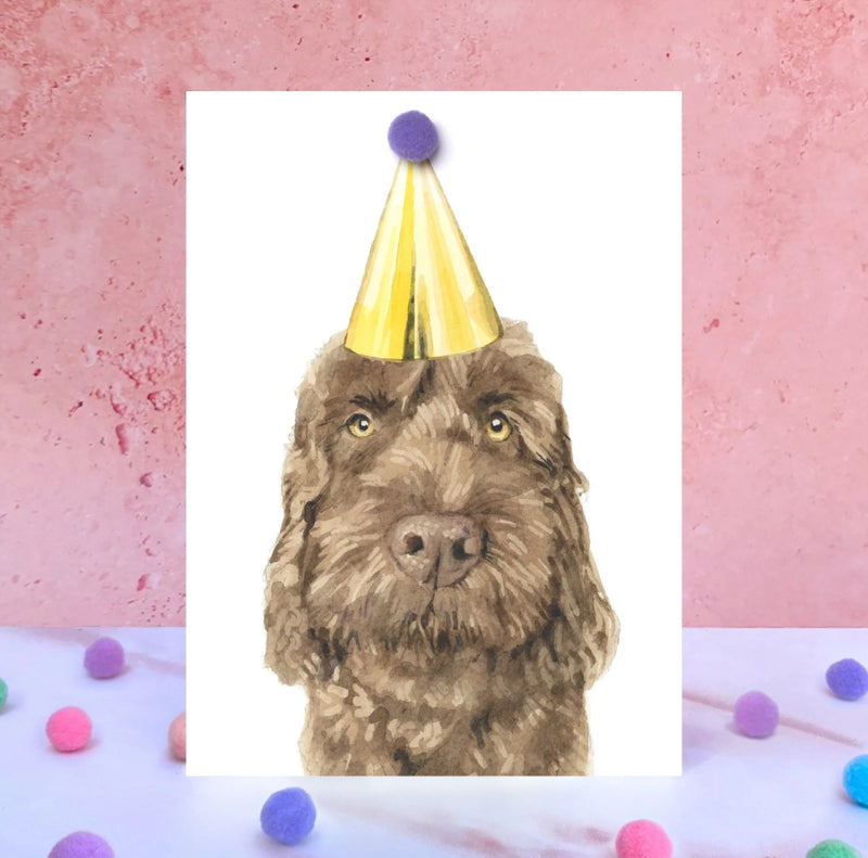 Chocolate Cockapoo Pompom Birthday Card