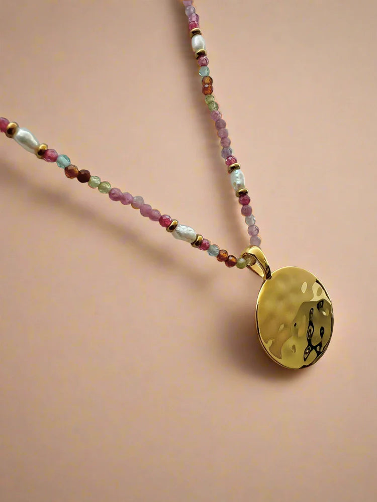 Beaded Hammered Disc Necklace