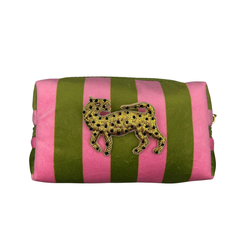 Chartreuse Stripe Small Make-Up Bag & Leopard Brooch