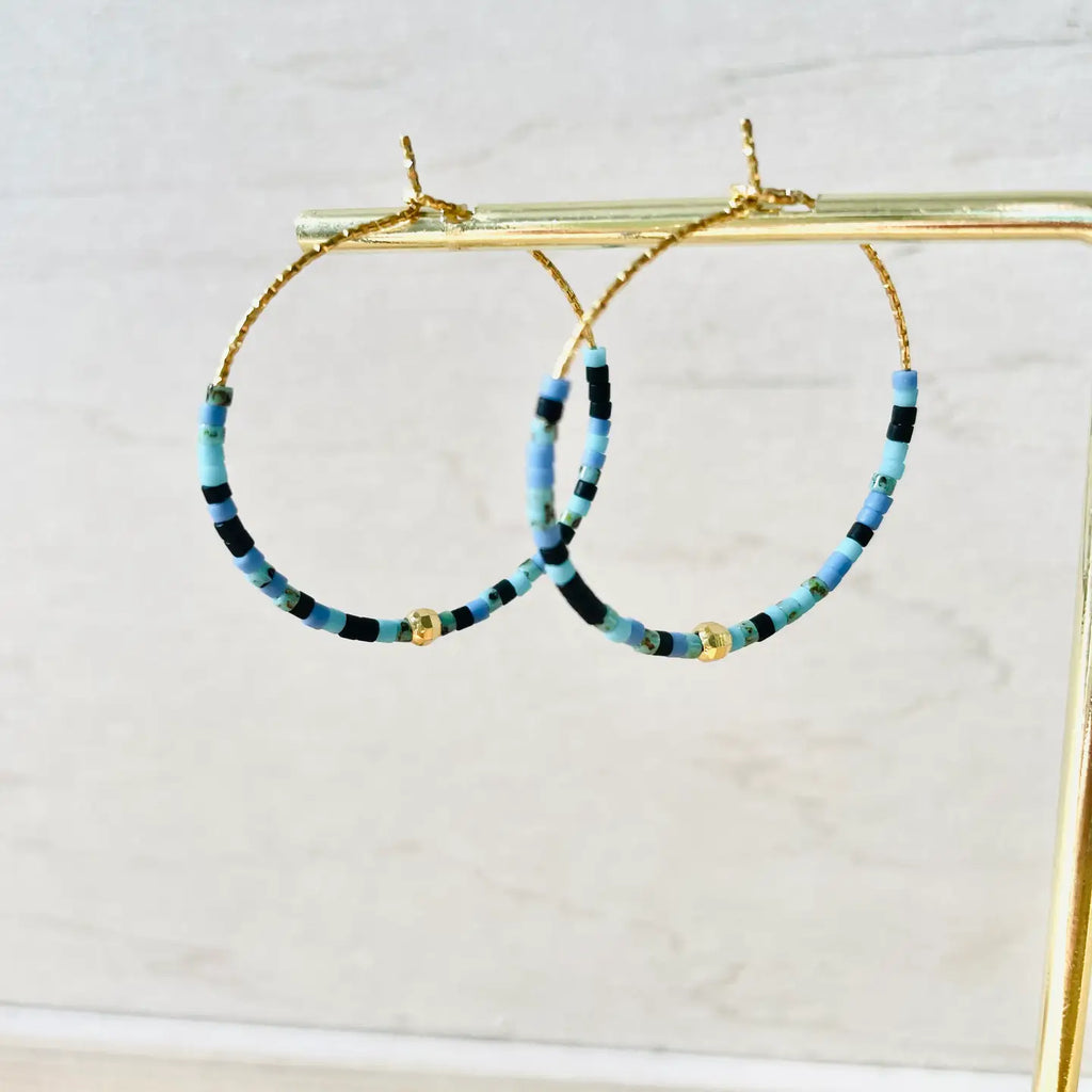 Stainless Steel Hoop Earrings - Turquoise, Black & Gold