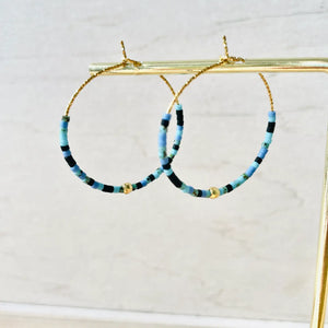 Stainless Steel Hoop Earrings - Turquoise, Black & Gold