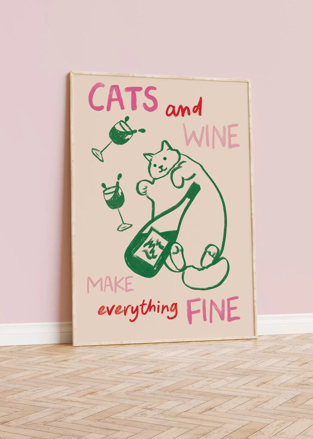 Cats and Wine Funny A4 Art Print