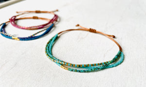 Adjustable Triple Beaded Bracelet - Aqua Green