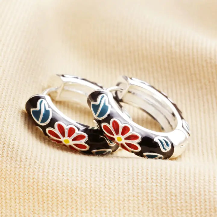 Silver Cloisonne Hoop Earrings