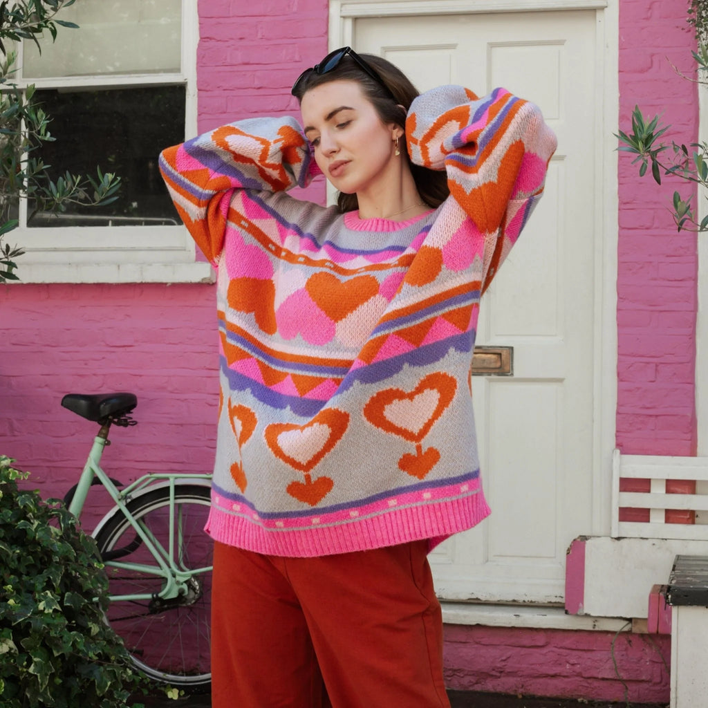 Cara & The Sky Poppy Heart Intarsia Oversized Jumper