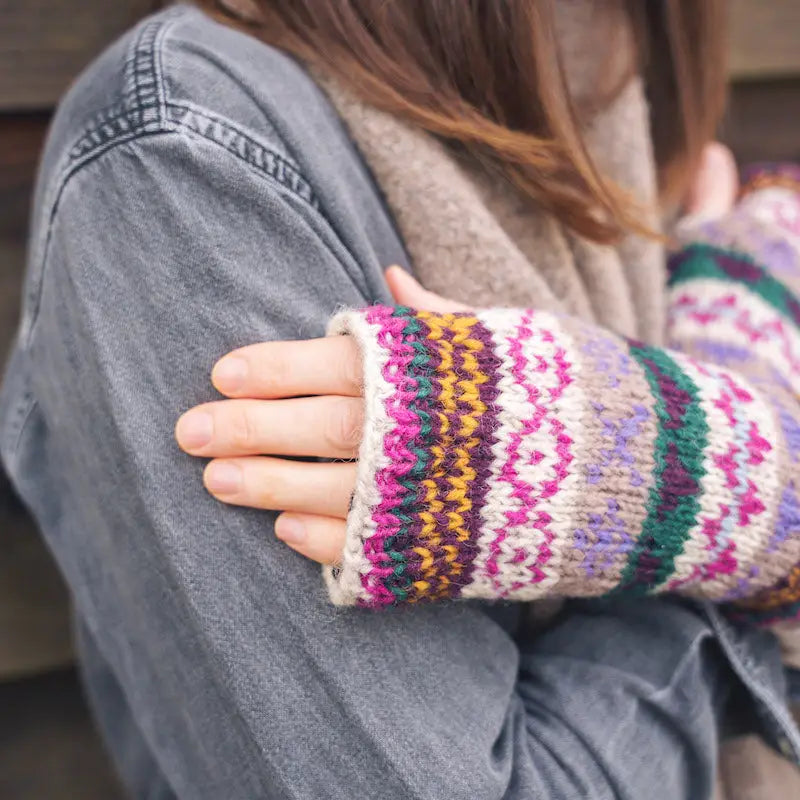 Fuchsia & Forest Green Hand Knitted Wrist Warmers