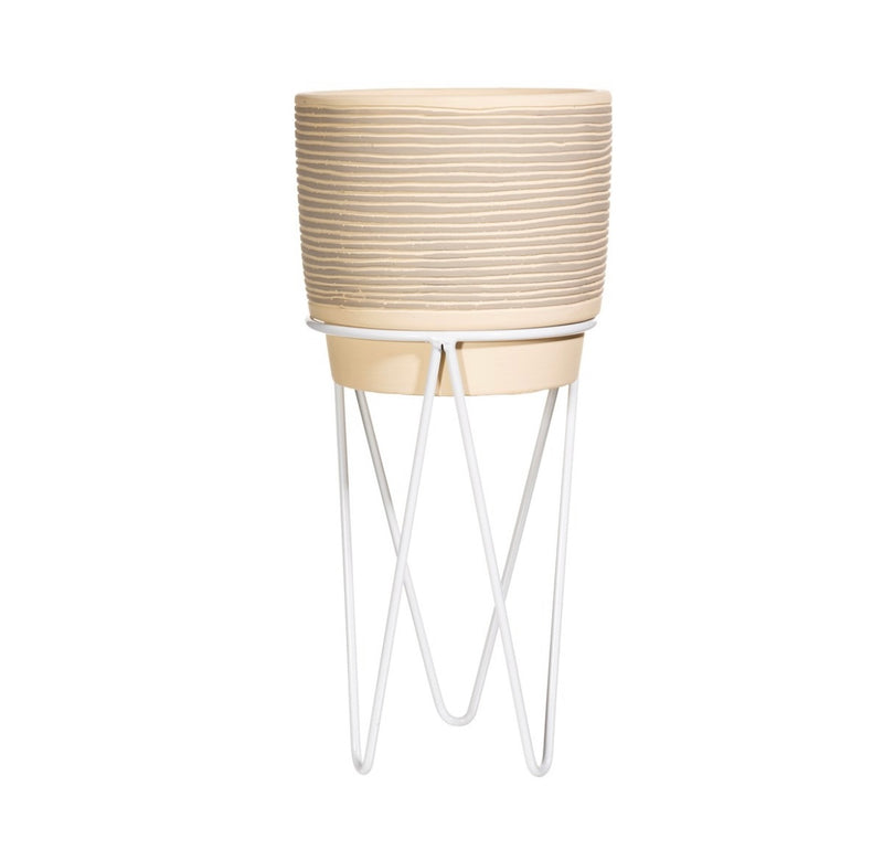 Grey Striped Planter with Wire Stand