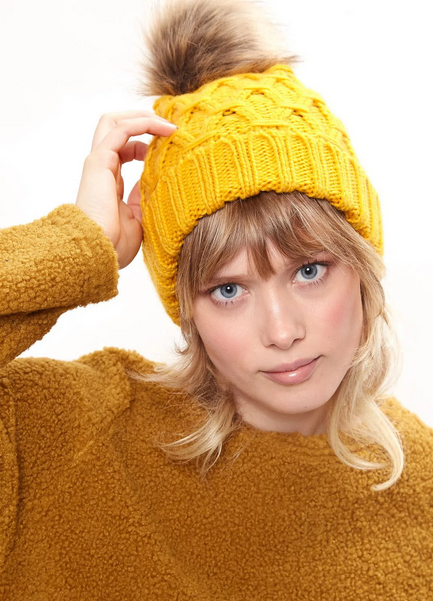 Louche Shauna Cable Knitted Beanie With Faux Fur Bobble